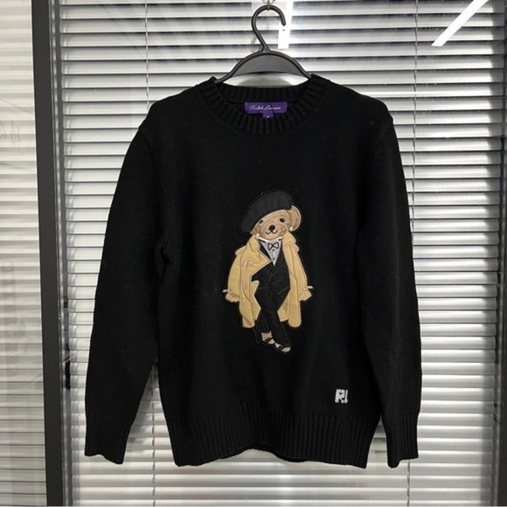 Ralph Lauren Black Sweater with Bear in Yellow Coat